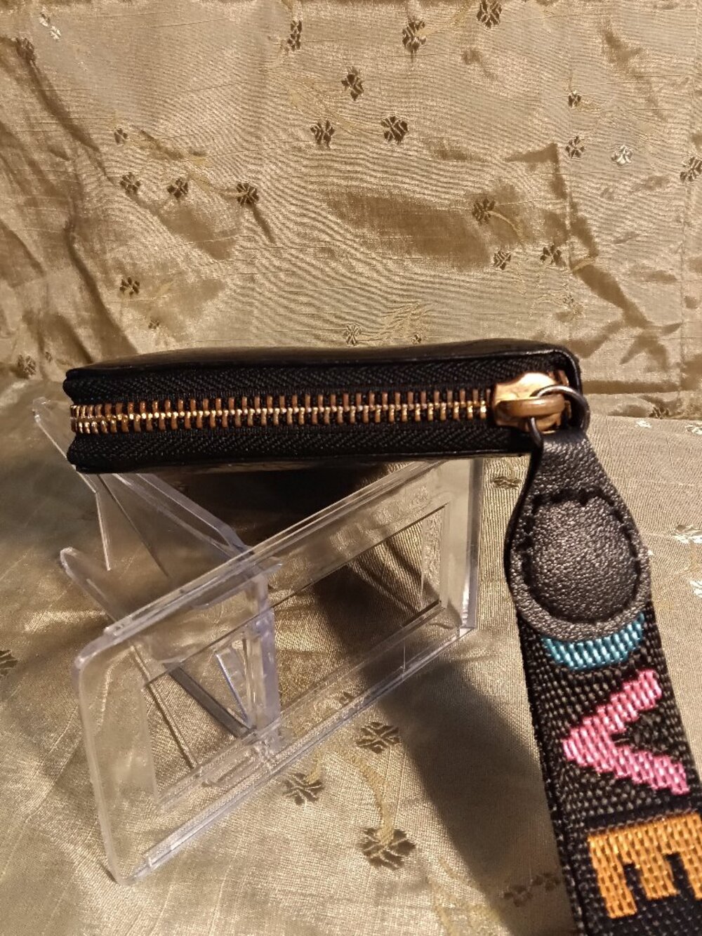 Tory Burch Black Glazed Leather Zip-Around Wallet Wristlet with "LOVE" Strap - Picture 5 of 10